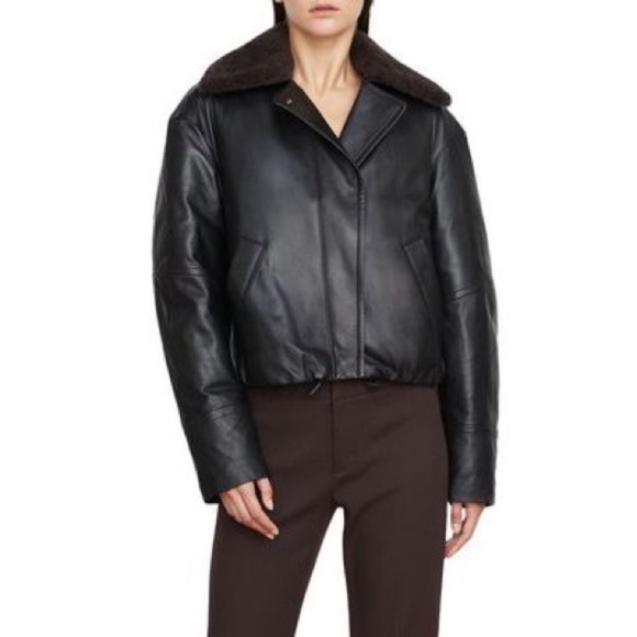 Vince Genuine Shearling Trim Leather Jacket Black New NWT